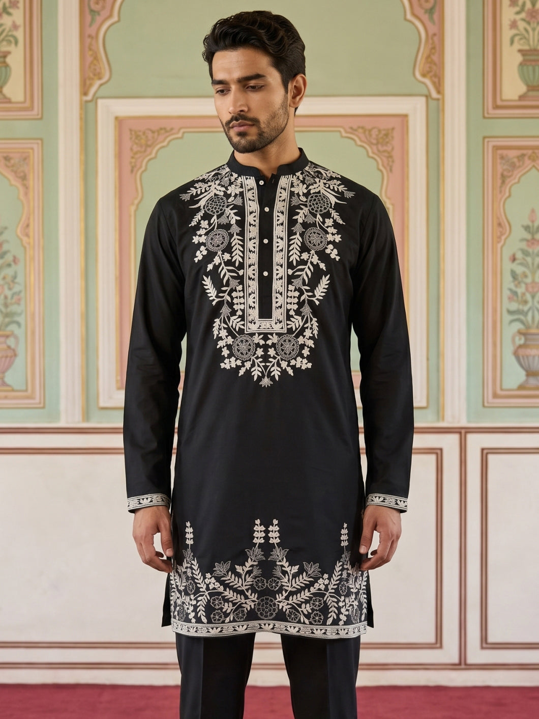 Men Japanese Fabric Embroidered Kurta ( 65KO 5498Black )