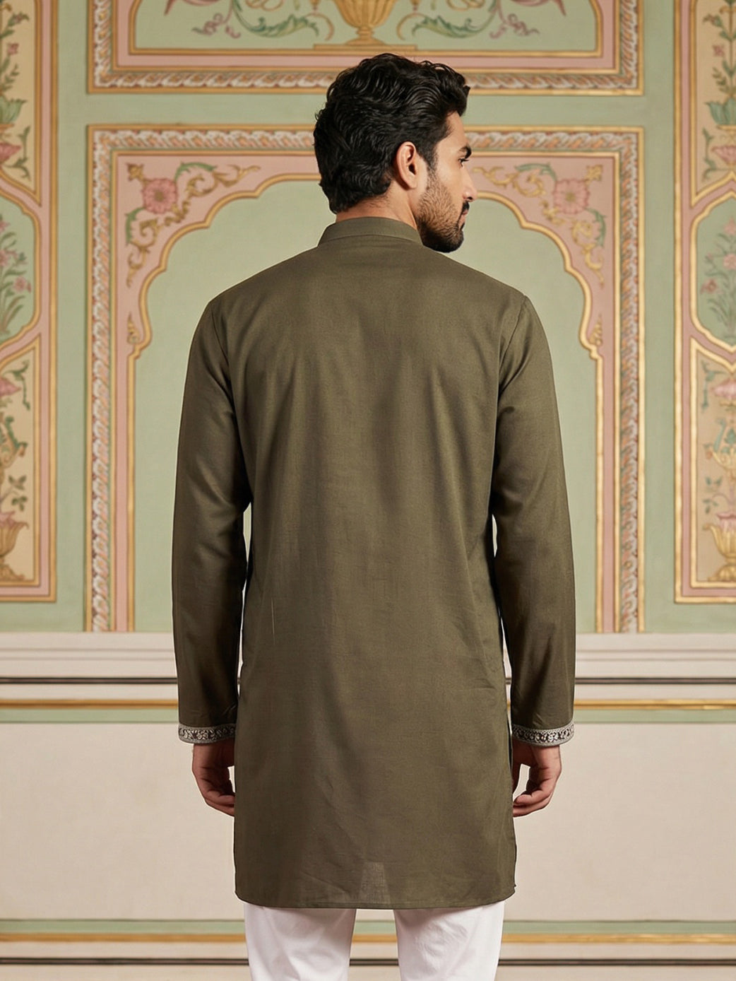 Men Japanese Fabric Embroidered Kurta ( 65KO 5498Mehndi S ) [FF] [P-15-14]