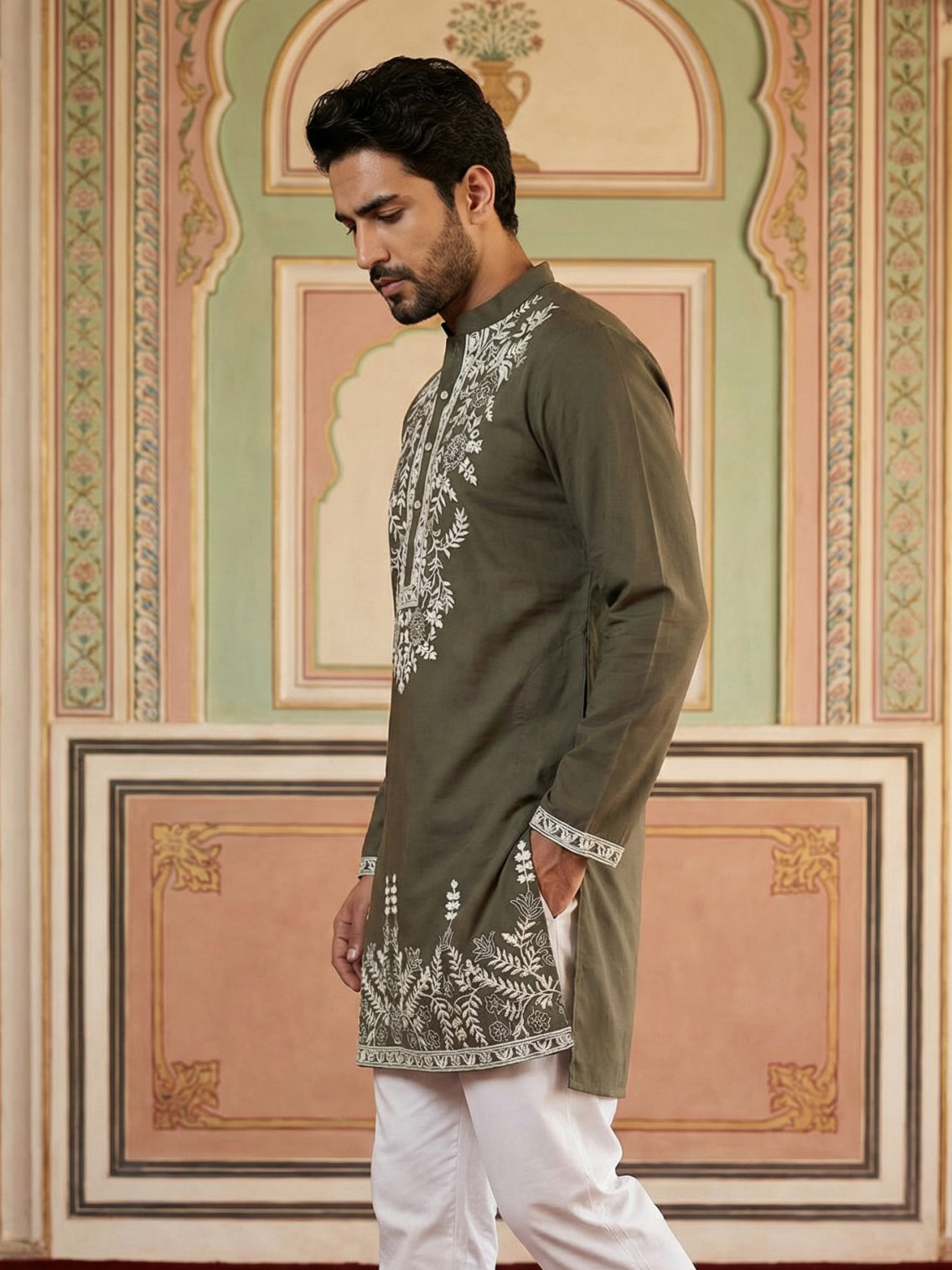 Men Japanese Fabric Embroidered Kurta ( 65KO 5498Mehndi S ) [FF] [P-15-14]