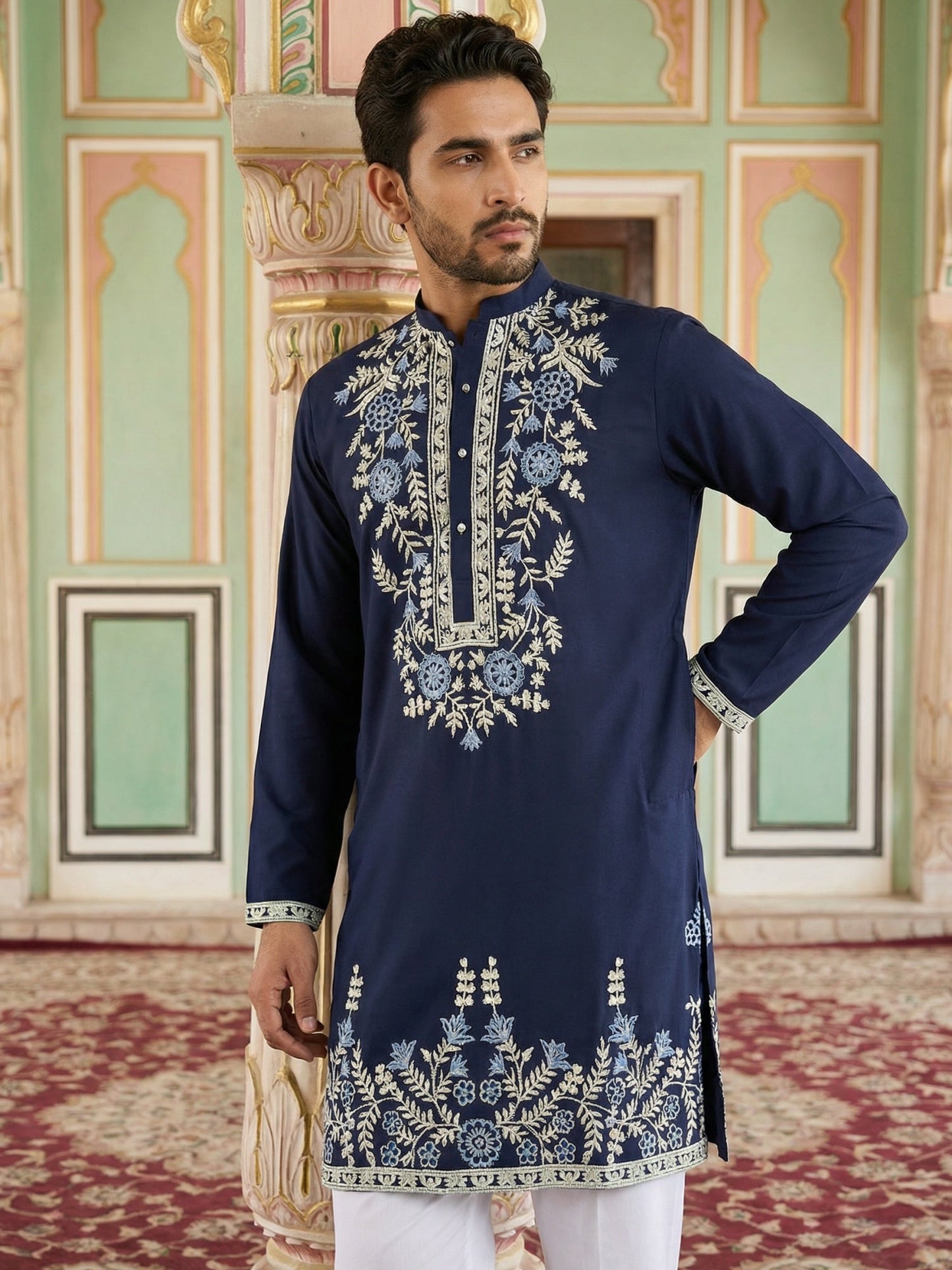 Men Japanese Fabric Embroidered Kurta ( 65KO 5498Navy S ) [FF] [P-15-14]