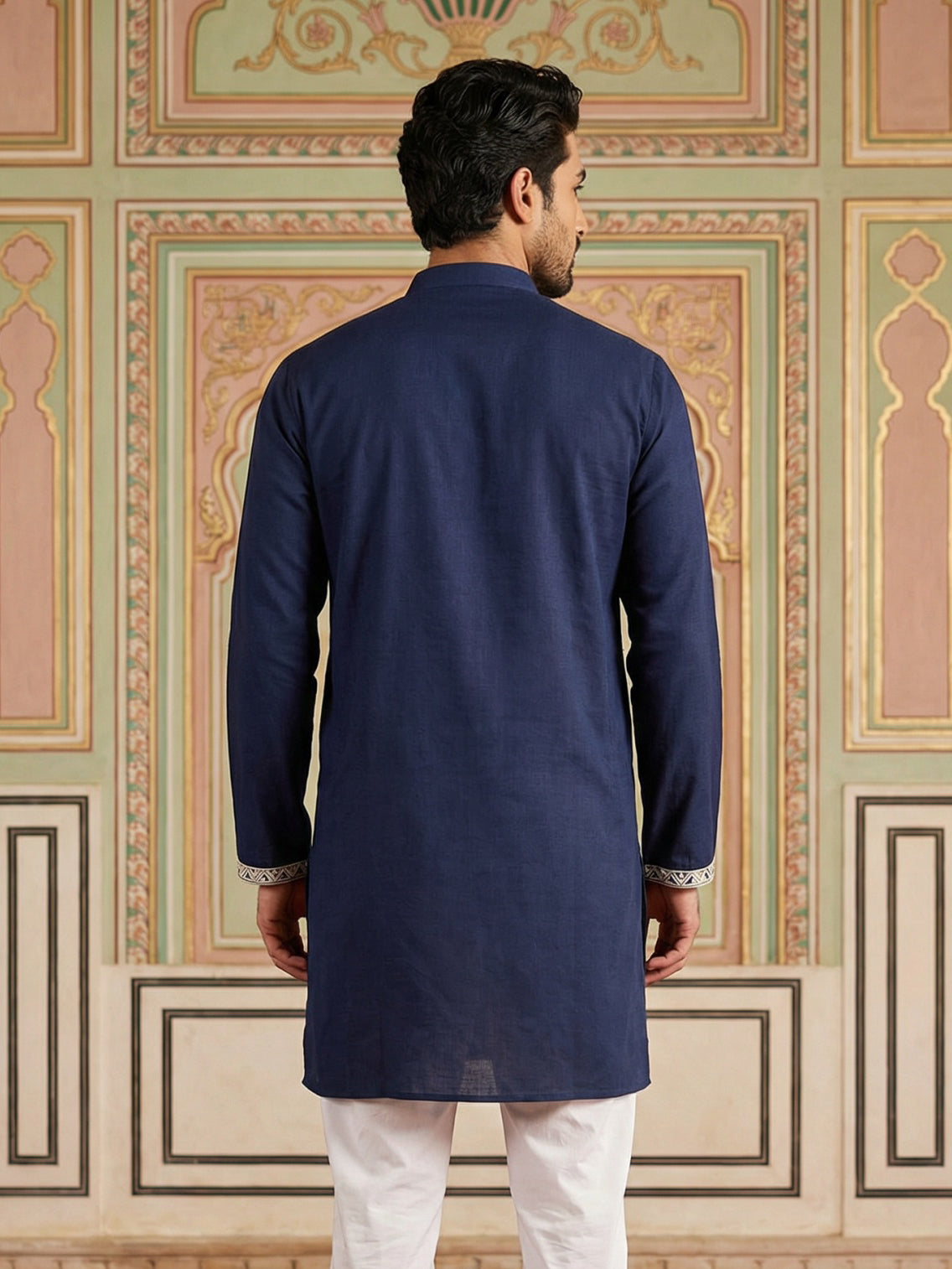 Men Japanese Fabric Embroidered Kurta ( 65KO 5498Navy S ) [FF] [P-15-14]