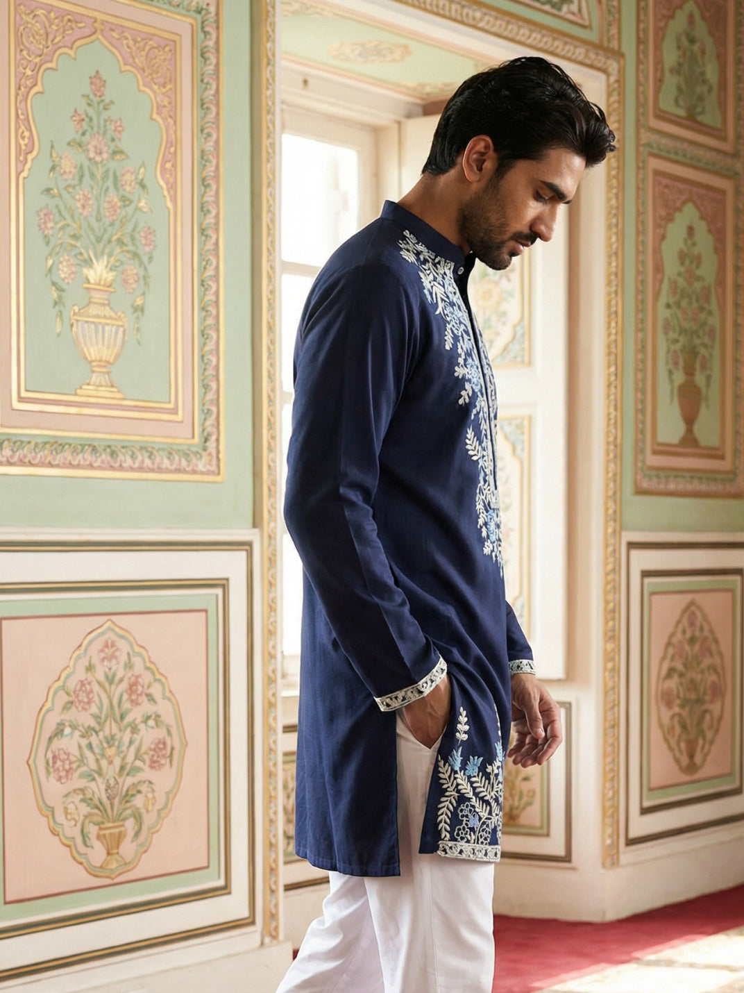 Men Japanese Fabric Embroidered Kurta ( 65KO 5498Navy S ) [FF] [P-15-14]