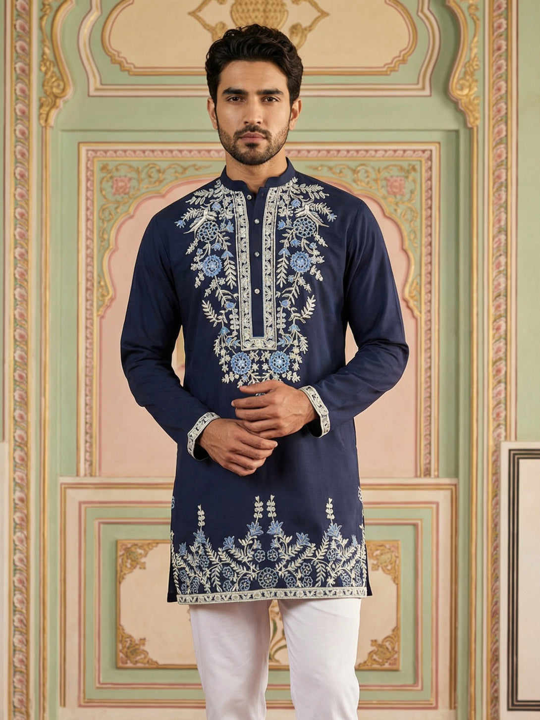 Men Japanese Fabric Embroidered Kurta ( 65KO 5498Navy S ) [FF] [P-15-14]