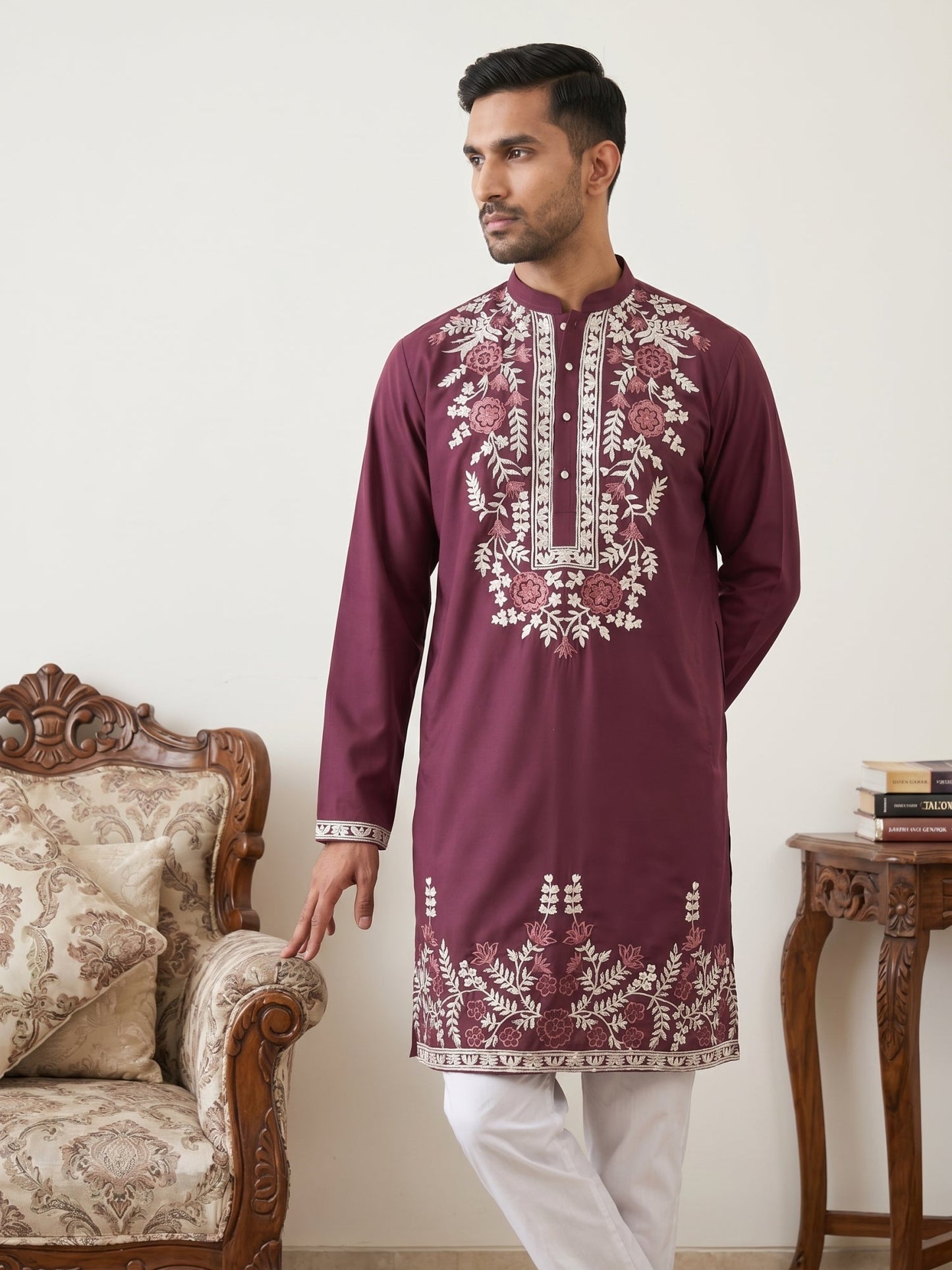 Men Japanese Fabric Embroidered Kurta ( 65KO 5498Wine )