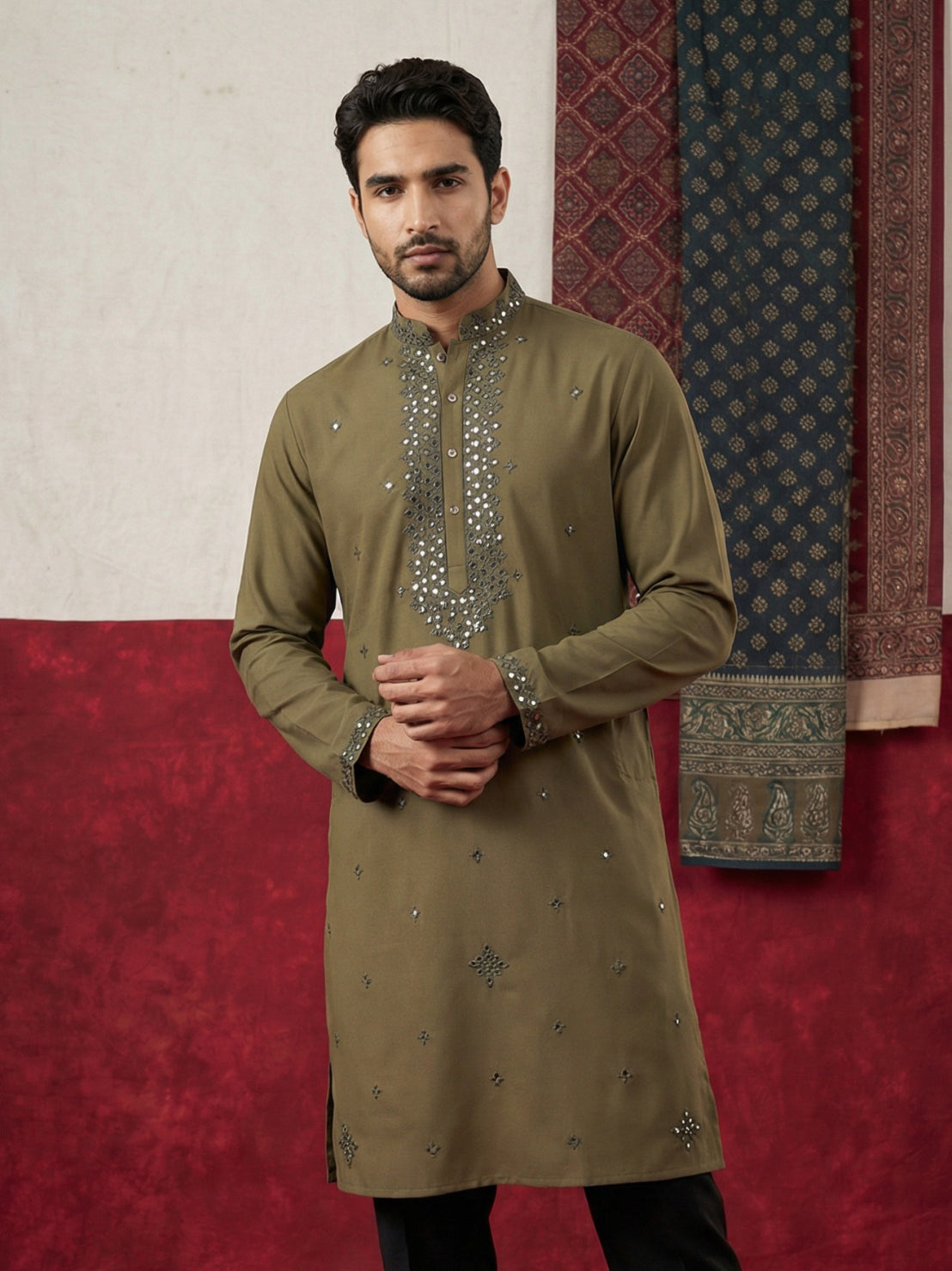 Japanese Fabric & Mirror Work Kurta ( 65KO 5500Mehndi S ) [FF] [Q-7]