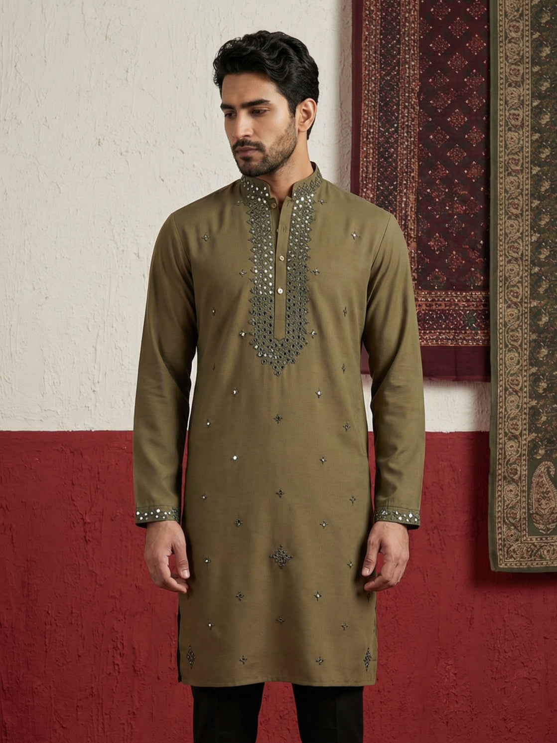Japanese Fabric & Mirror Work Kurta ( 65KO 5500Mehndi S ) [FF] [Q-7]