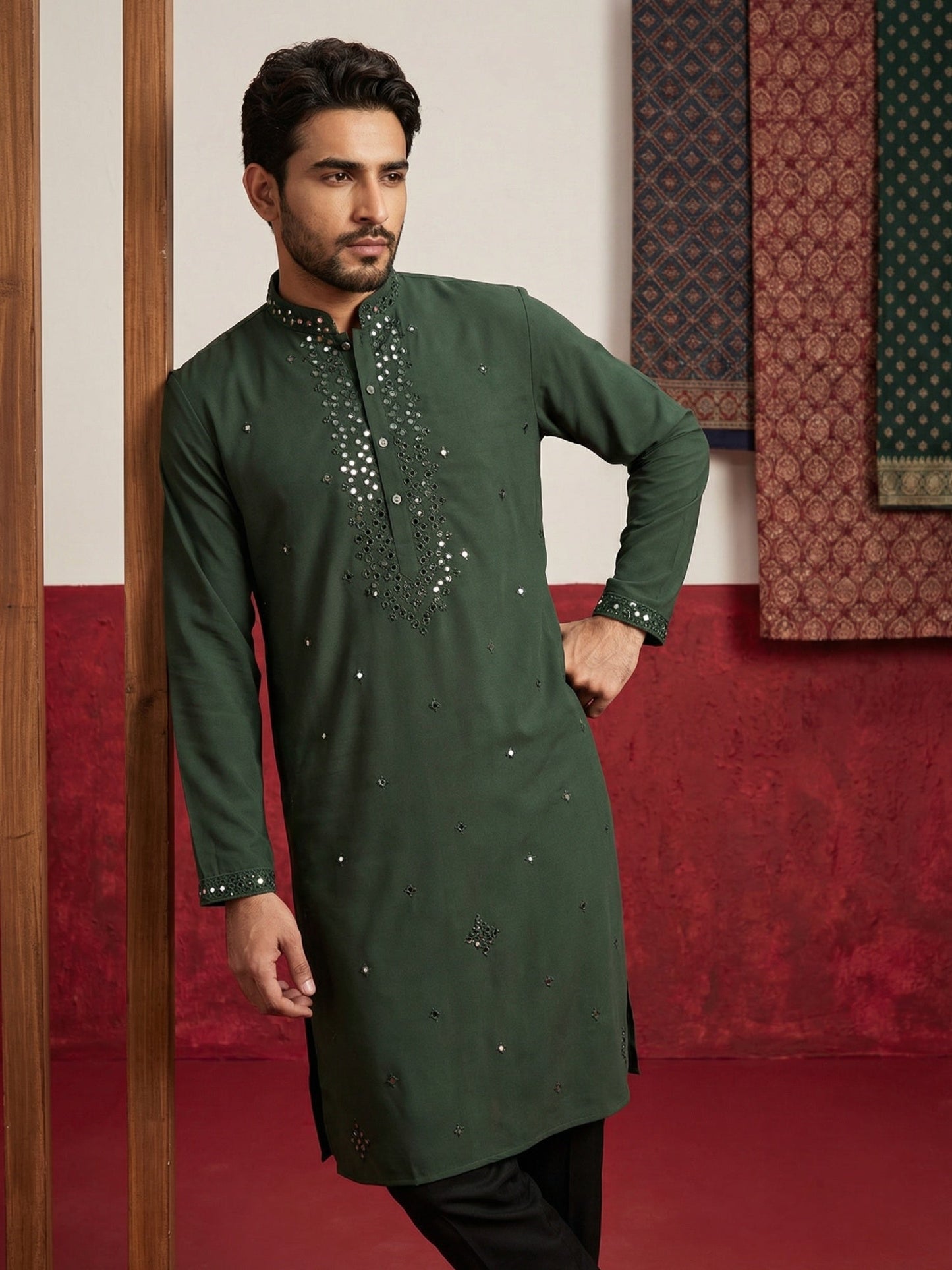 Japanese Fabric & Mirror Work Kurta ( 65KO 5500Olive S ) [FF] [Q-7]