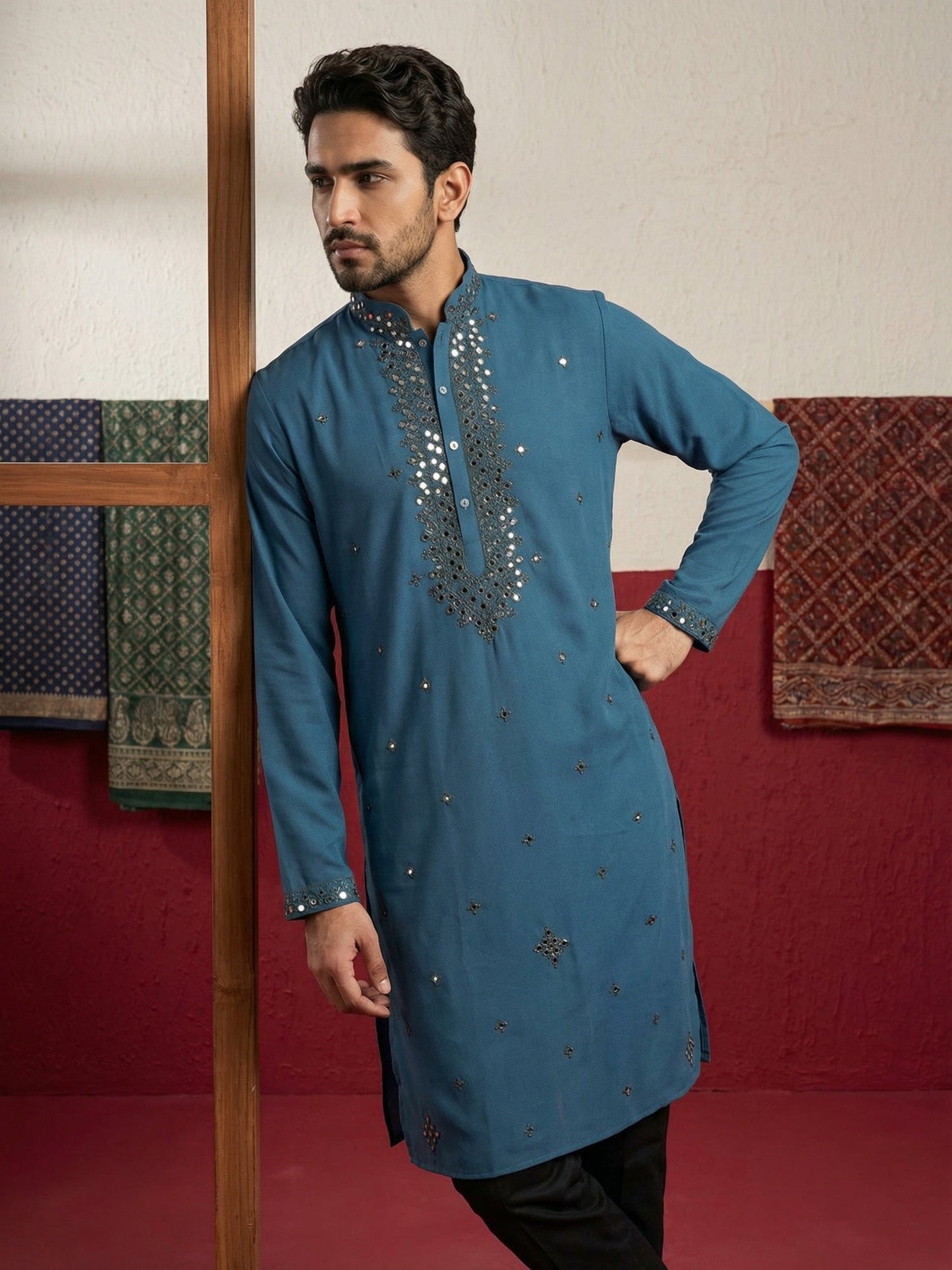 Japanese Fabric & Mirror Work Kurta ( 65KO 5500Peacock S ) [FF] [Q-7]
