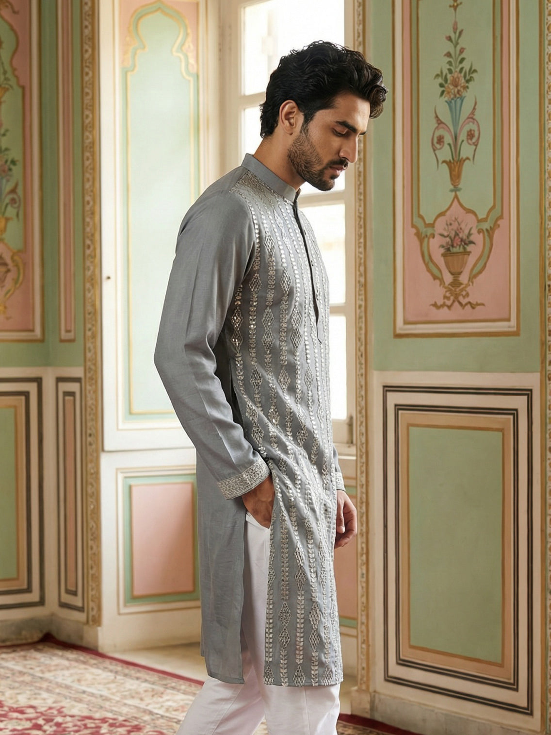Modern Ethnic Silk Blend Kurta ( 65KO 5501Grey S ) [FF] [A-1-4]