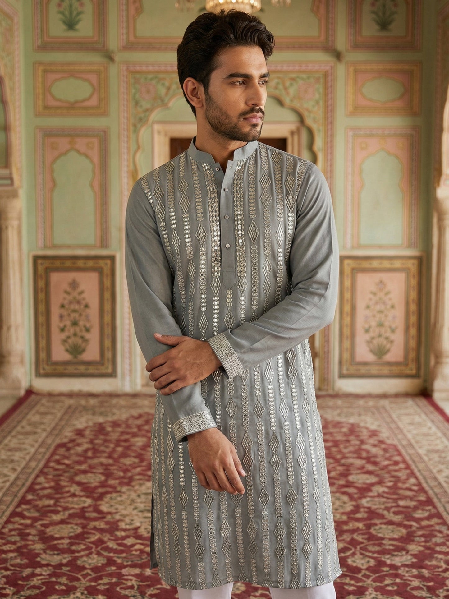 Modern Ethnic Silk Blend Kurta ( 65KO 5501Grey S ) [FF] [A-1-4]
