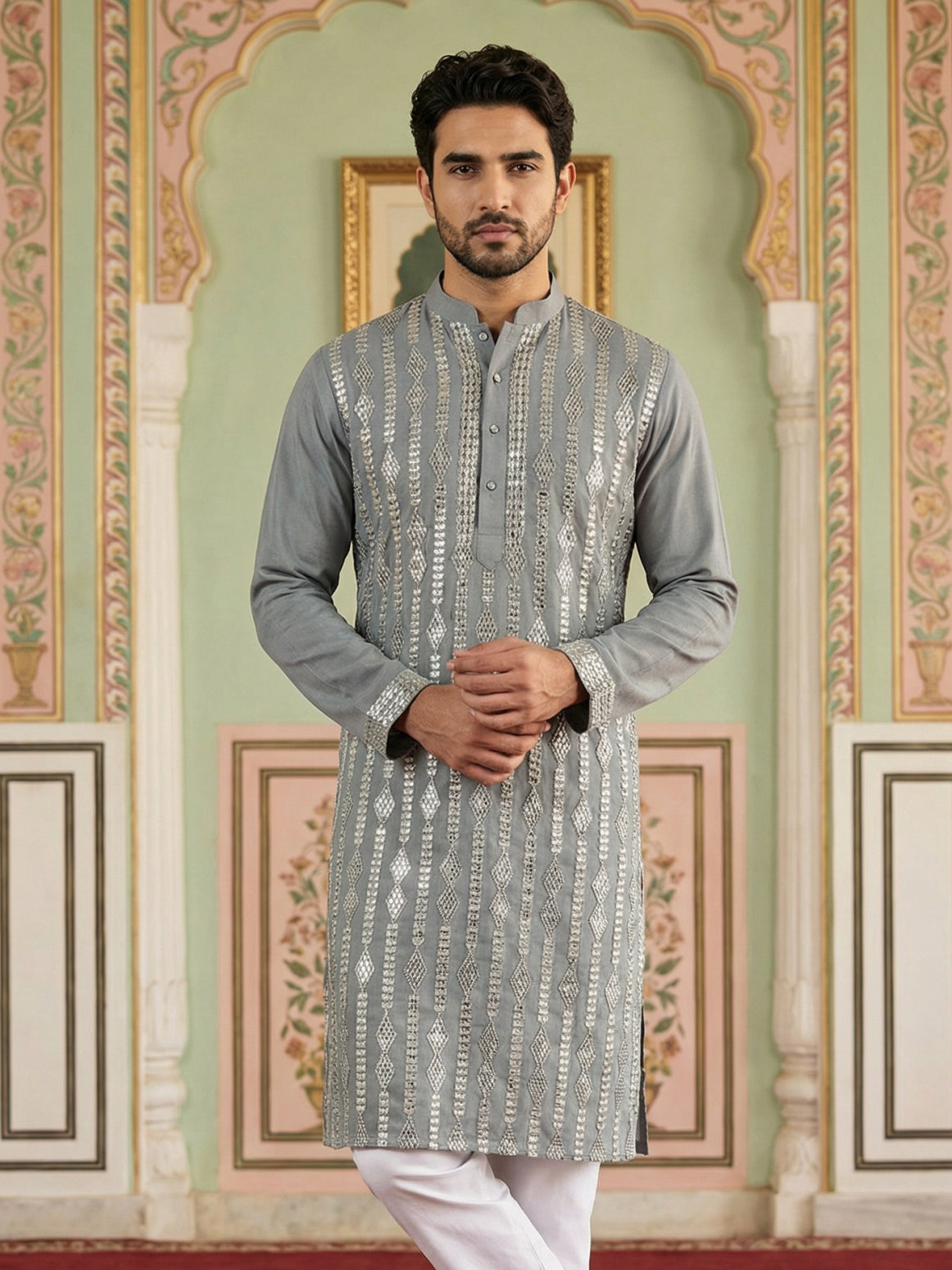 Modern Ethnic Silk Blend Kurta ( 65KO 5501Grey S ) [FF] [A-1-4]