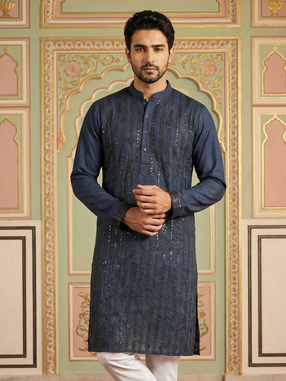 Modern Ethnic Silk Blend Kurta ( 65KO 5501Navy S ) [FF] [A-1-4]