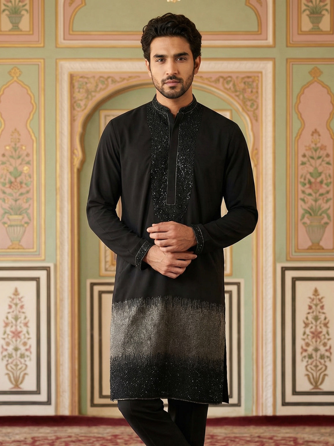 Japanese Cotton Blend Embroidered Kurta ( 65KO 5502Black S )
