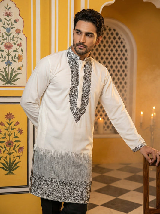 Japanese Cotton Blend Embroidered Kurta ( 65KO 5502White S )