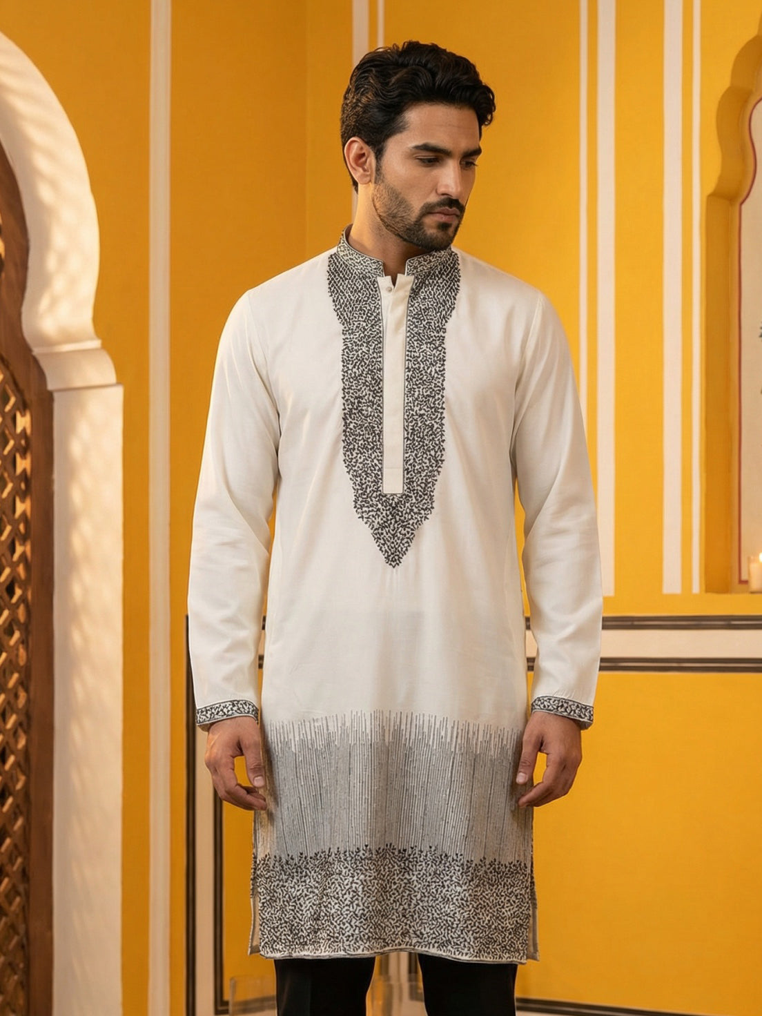 Japanese Cotton Blend Embroidered Kurta ( 65KO 5502White S )
