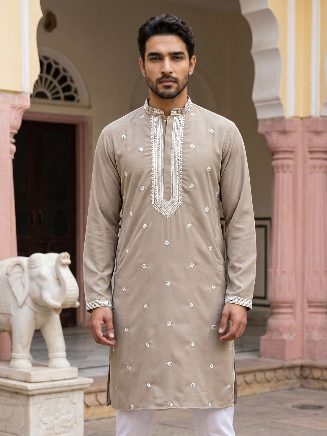 Men Japanese Imported Beige Embroidered Kurta