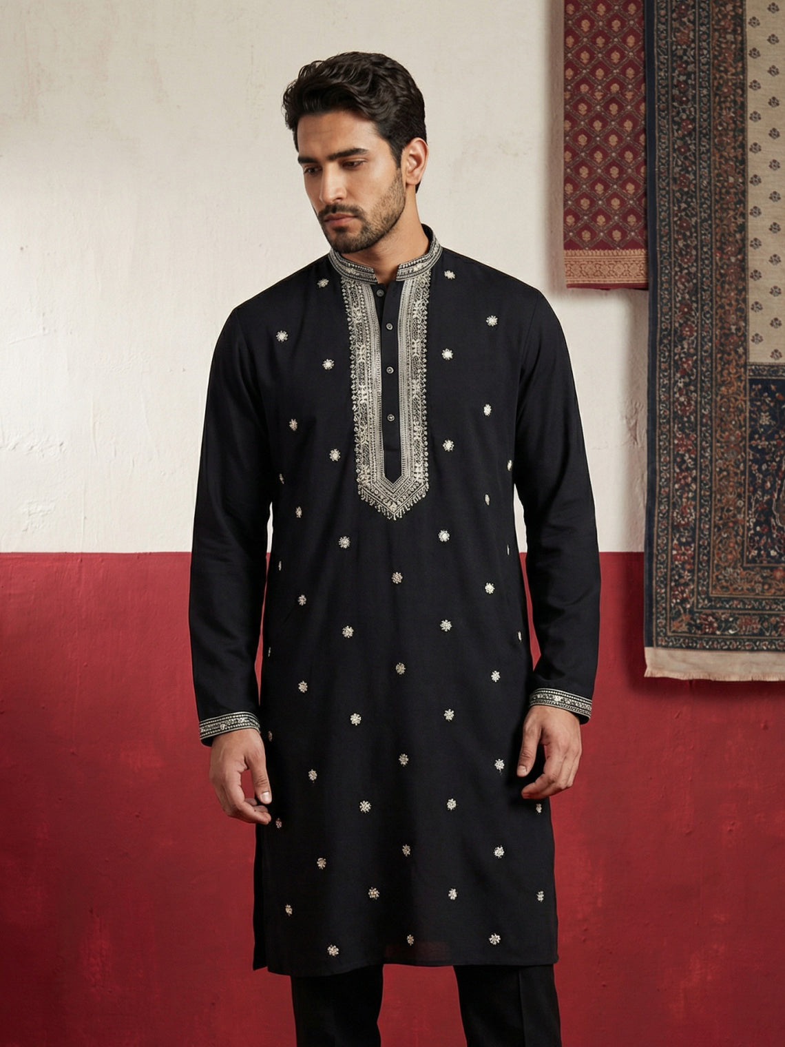 Men Ethnic Black Embroidered Kurta ( 65KO 5504Black S ) [FF] [B-5]