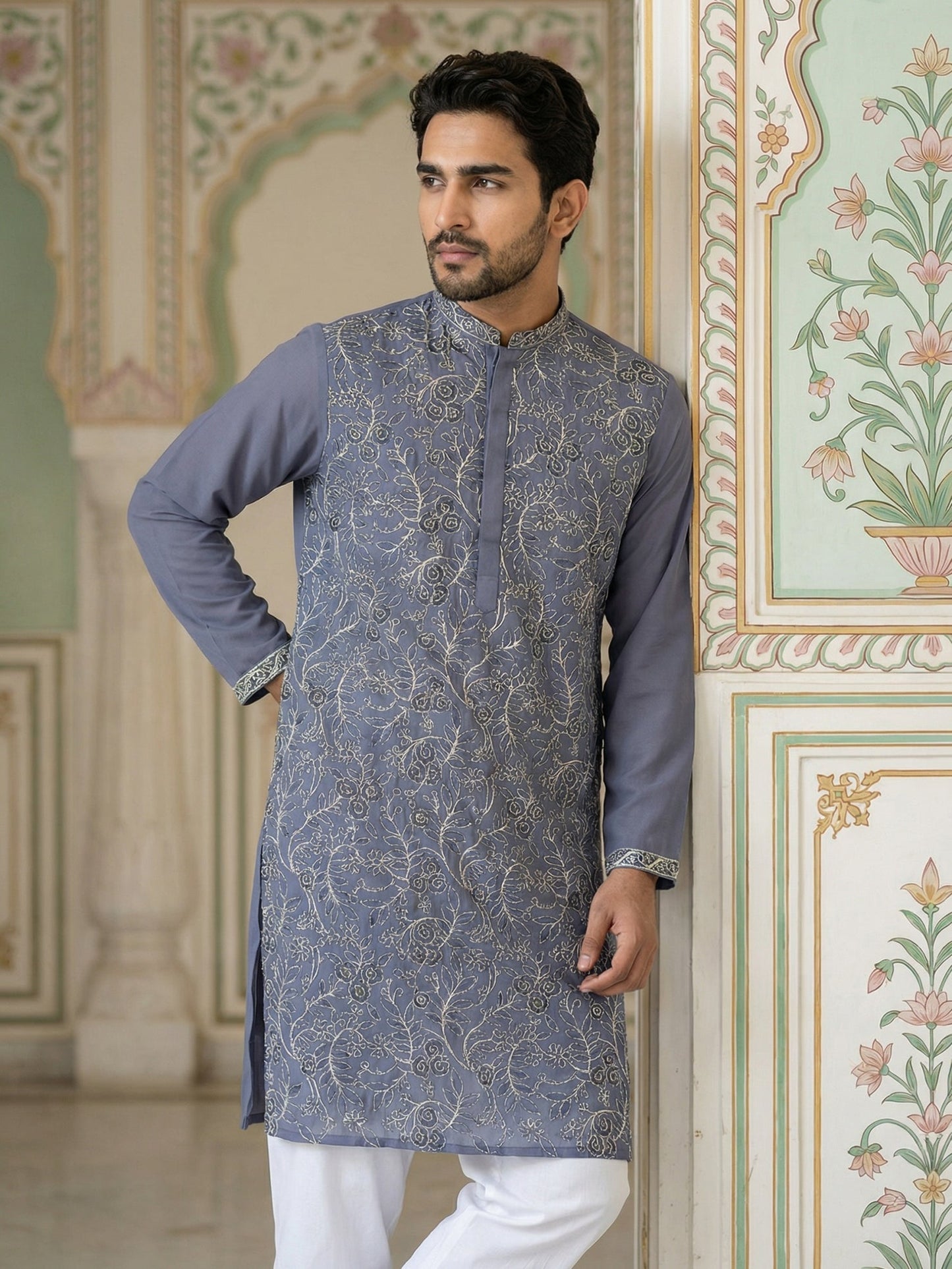 Men Festive Embroidered Straight Kurta ( 65KO 5505Blue ) [FF] [H-10]