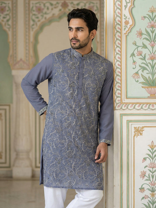 Men Festive Embroidered Straight Kurta ( 65KO 5505Blue ) [FF] [H-10]