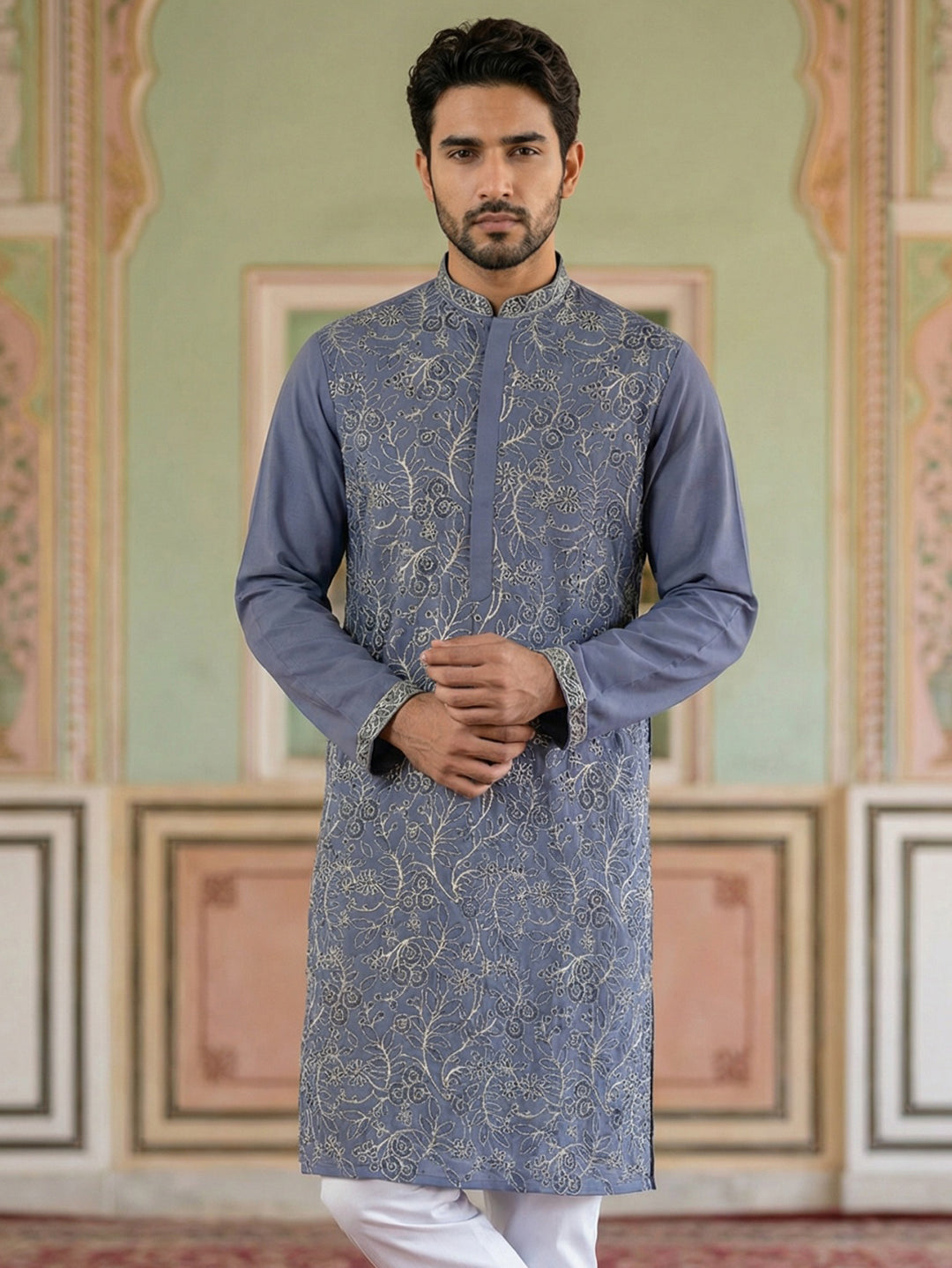 Men Festive Embroidered Straight Kurta ( 65KO 5505Blue ) [FF] [H-10]