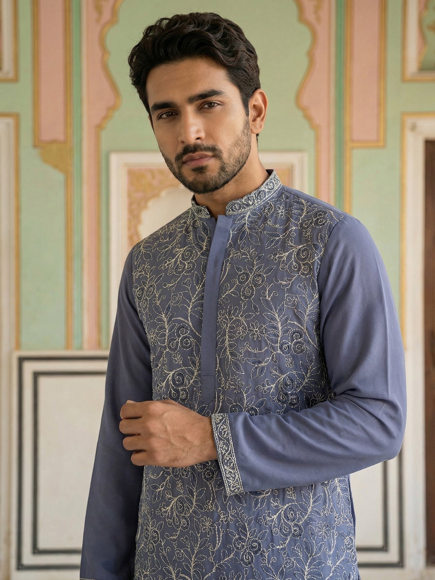 Men Festive Embroidered Straight Kurta ( 65KO 5505Blue ) [FF] [H-10]