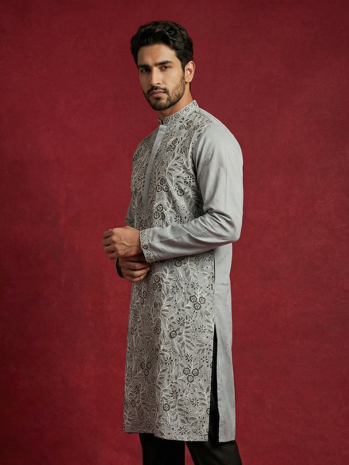 Men Festive Grey Embroidered Straight Kurta ( 65KO 5505Grey S ) [FF] [H-10]