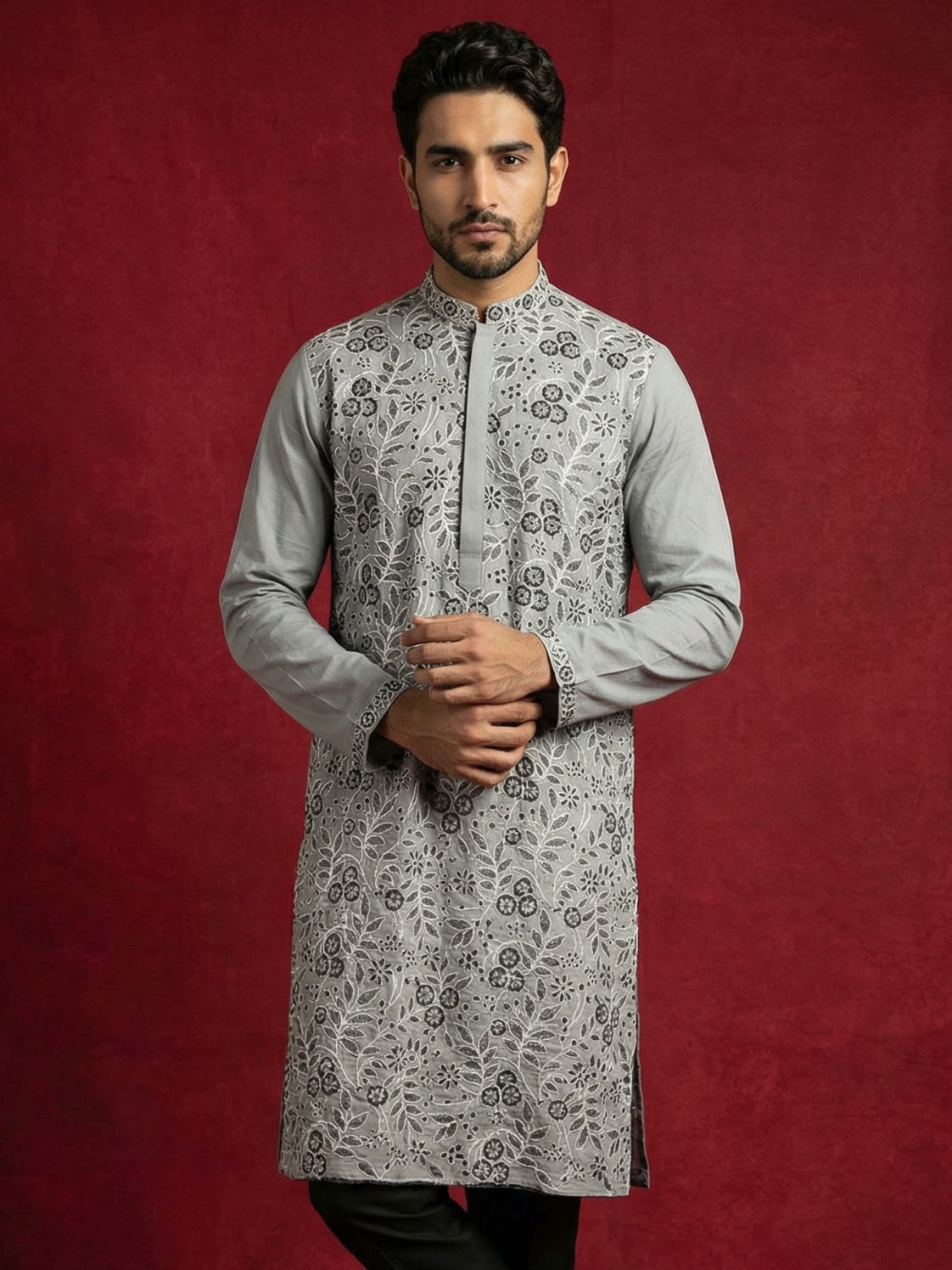 Men Festive Grey Embroidered Straight Kurta ( 65KO 5505Grey S ) [FF] [H-10]