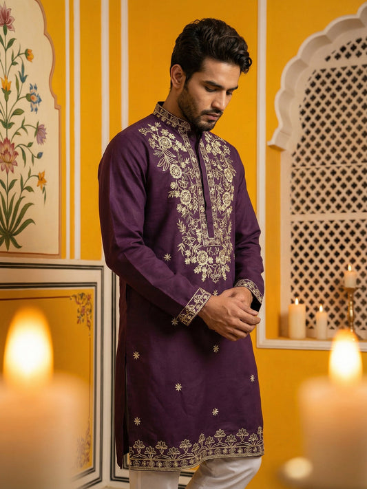 Purple Embroidered Cotton Blend Kurta ( 65KO 5508Purple ) [FF] [B-12]