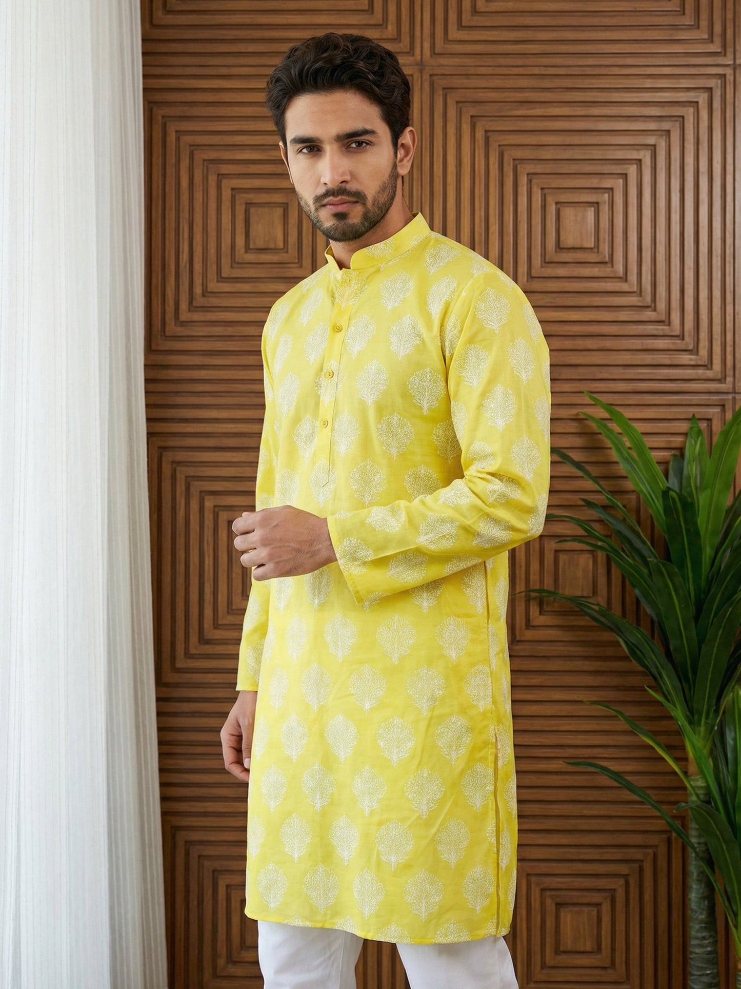 Men’s Cotton Blend Ethnic Printed Kurta ( 65KO 5510Lemon ) [FF] [N-13]
