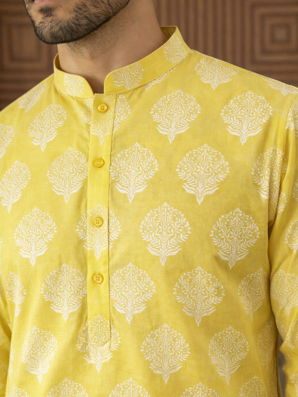 Men’s Cotton Blend Ethnic Printed Kurta ( 65KO 5510Lemon ) [FF] [N-13]