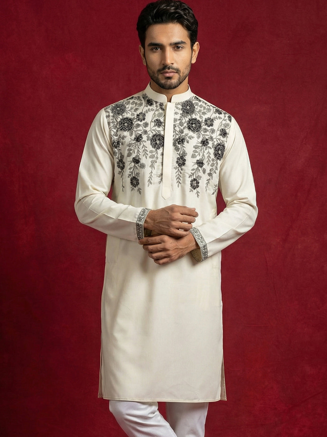Men’s Cotton Blend Embroidered Festive Kurta ( 65KO 5511Cream ) [FF] [A-1-3]