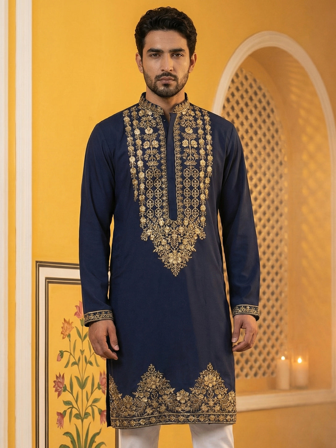 Men’s Japanese Embroidered Kurta ( 65KO 5512Navy )