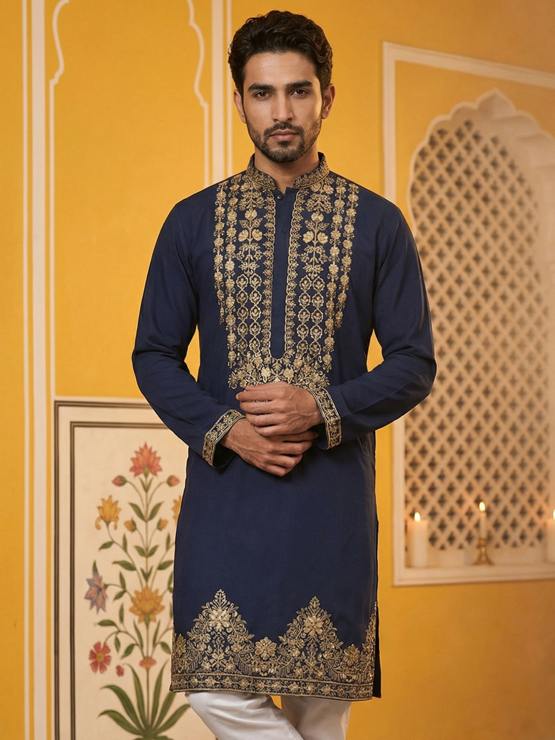 Men’s Japanese Embroidered Kurta ( 65KO 5512Navy )