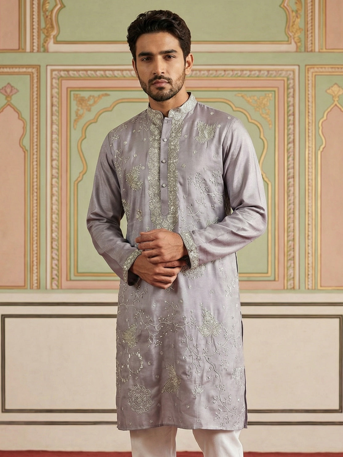 Embroidered Silk Blend Traditional Kurta ( 65KO 5515Lavender ) [FF] [A-3-4]