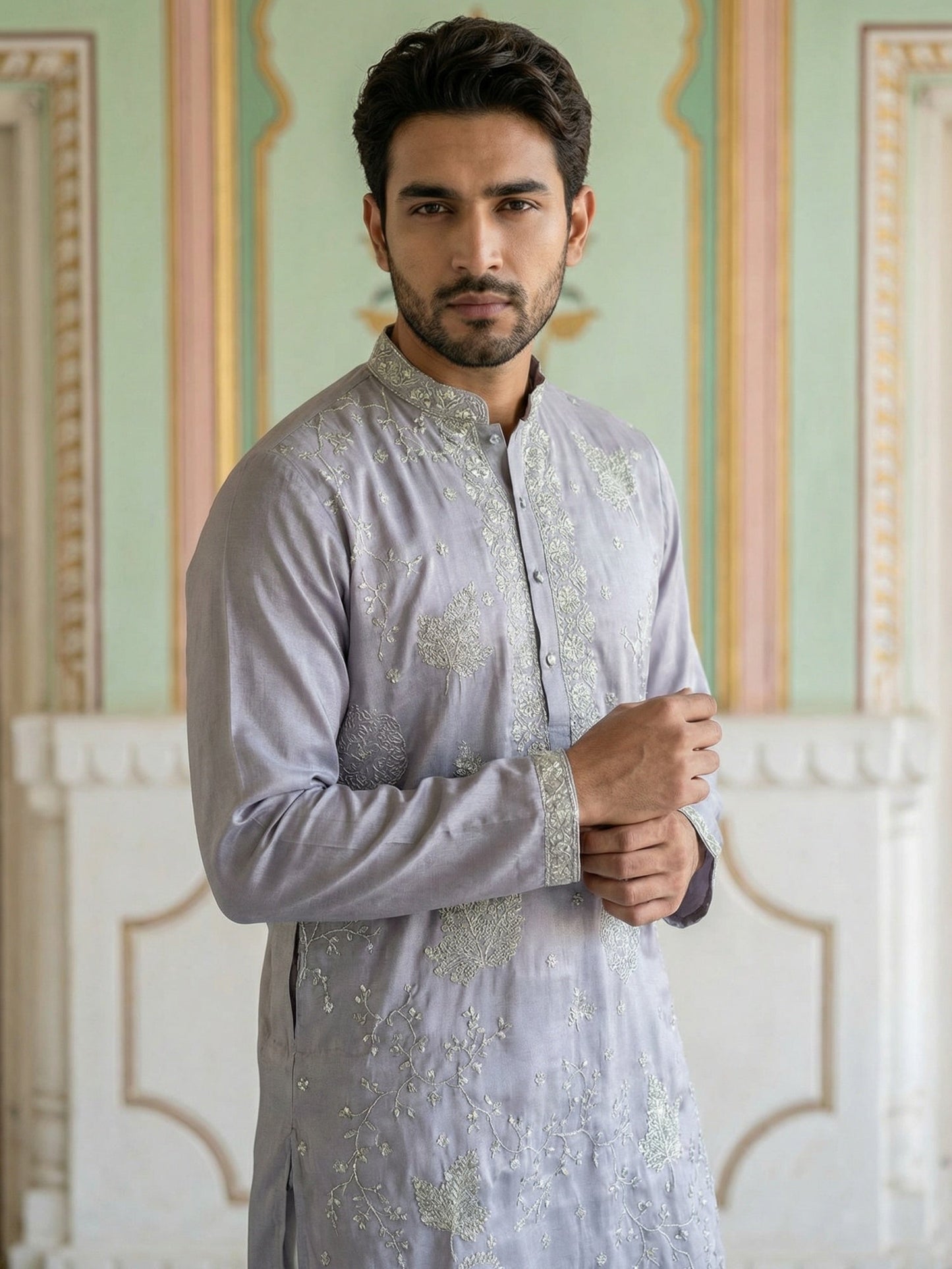 Embroidered Silk Blend Traditional Kurta ( 65KO 5515Lavender ) [FF] [A-3-4]