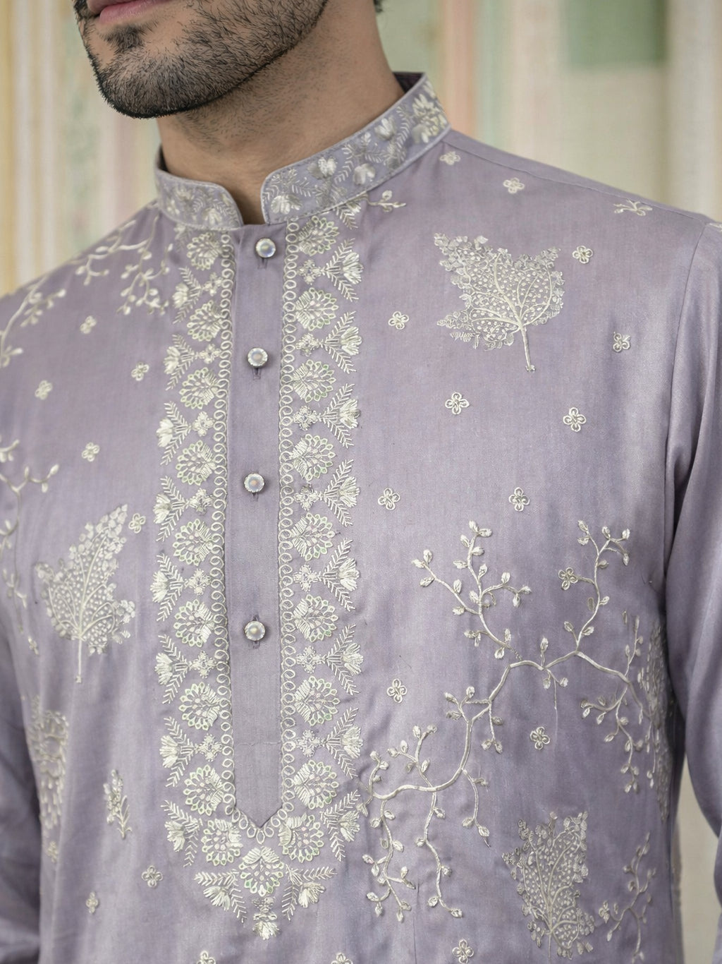 Embroidered Silk Blend Traditional Kurta ( 65KO 5515Lavender ) [FF] [A-3-4]
