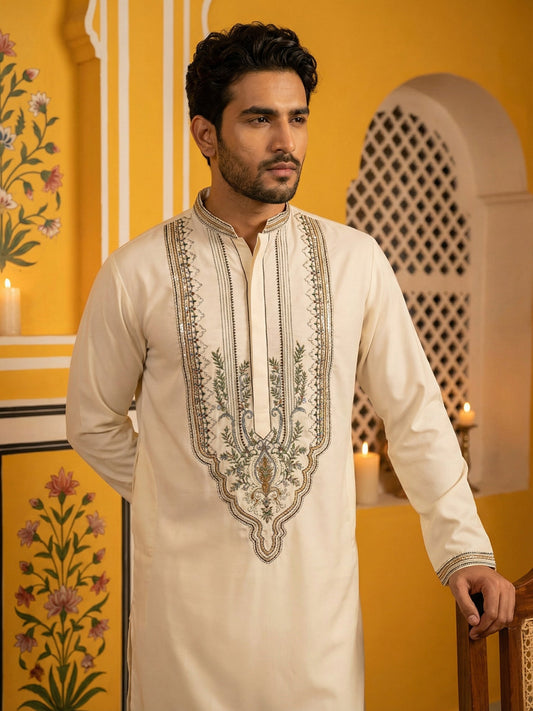 Cream Cotton Blend Ethnic Embroidered Kurta ( 65KO 5516Cream ) [FF] [B-2]
