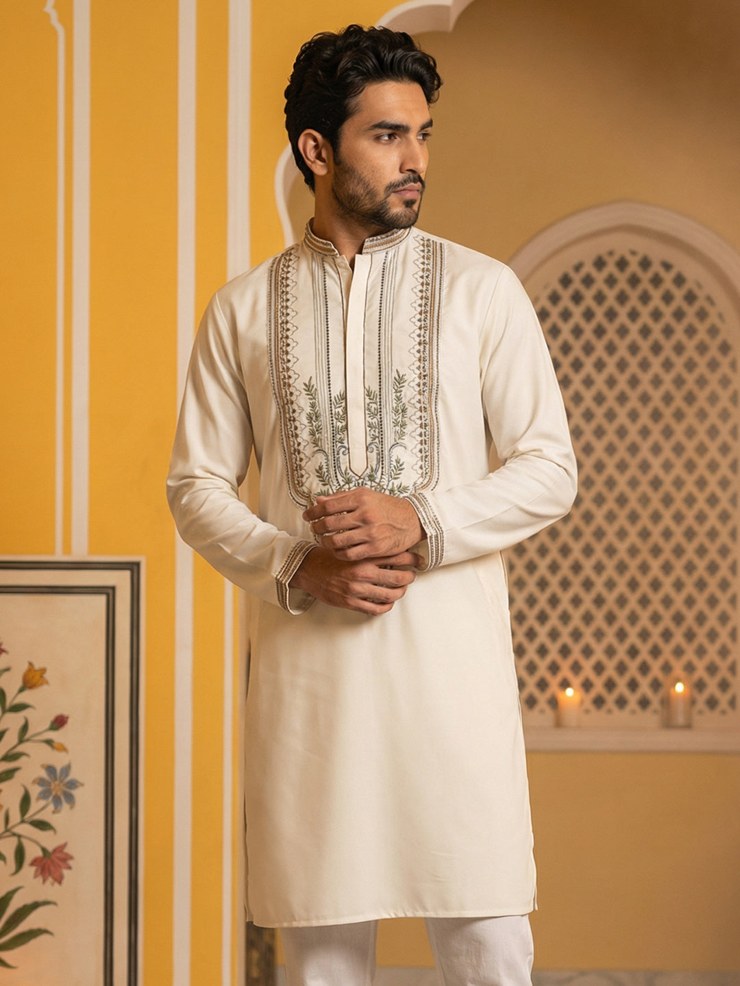 Cream Cotton Blend Ethnic Embroidered Kurta ( 65KO 5516Cream ) [FF] [B-2]