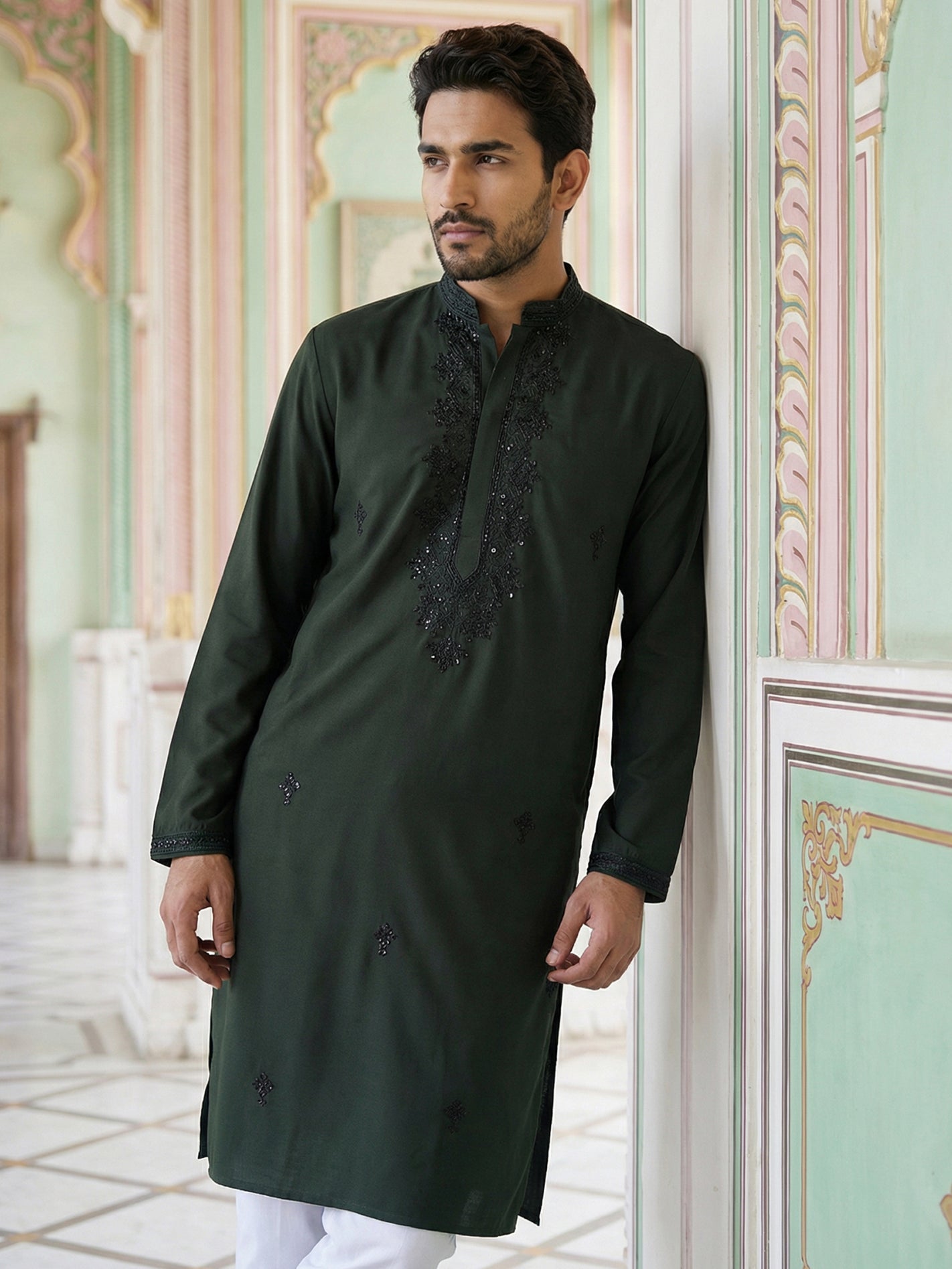 Japanese Embroidered Festive Kurta for Men ( 65KO 5519Olive ) [FF] [P-6]