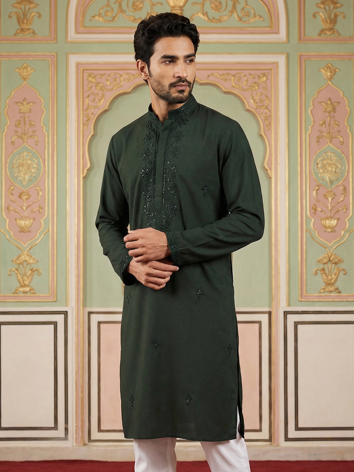 Japanese Embroidered Festive Kurta for Men ( 65KO 5519Olive ) [FF] [P-6]