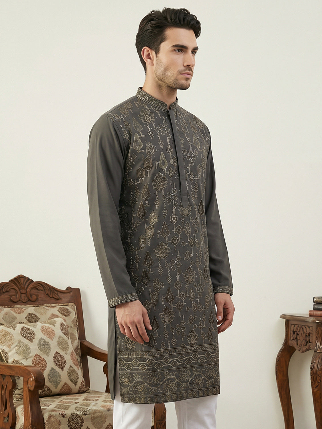 Japanese Embroidery Traditional Kurta ( 65KO 5520Grey ) [FF] [B-1-2]