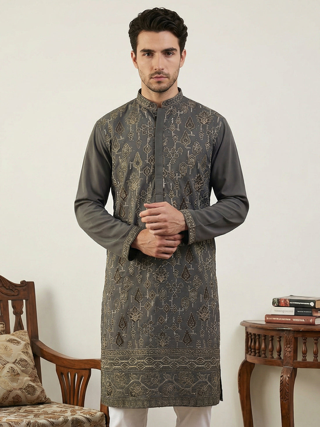 Japanese Embroidery Traditional Kurta ( 65KO 5520Grey ) [FF] [B-1-2]