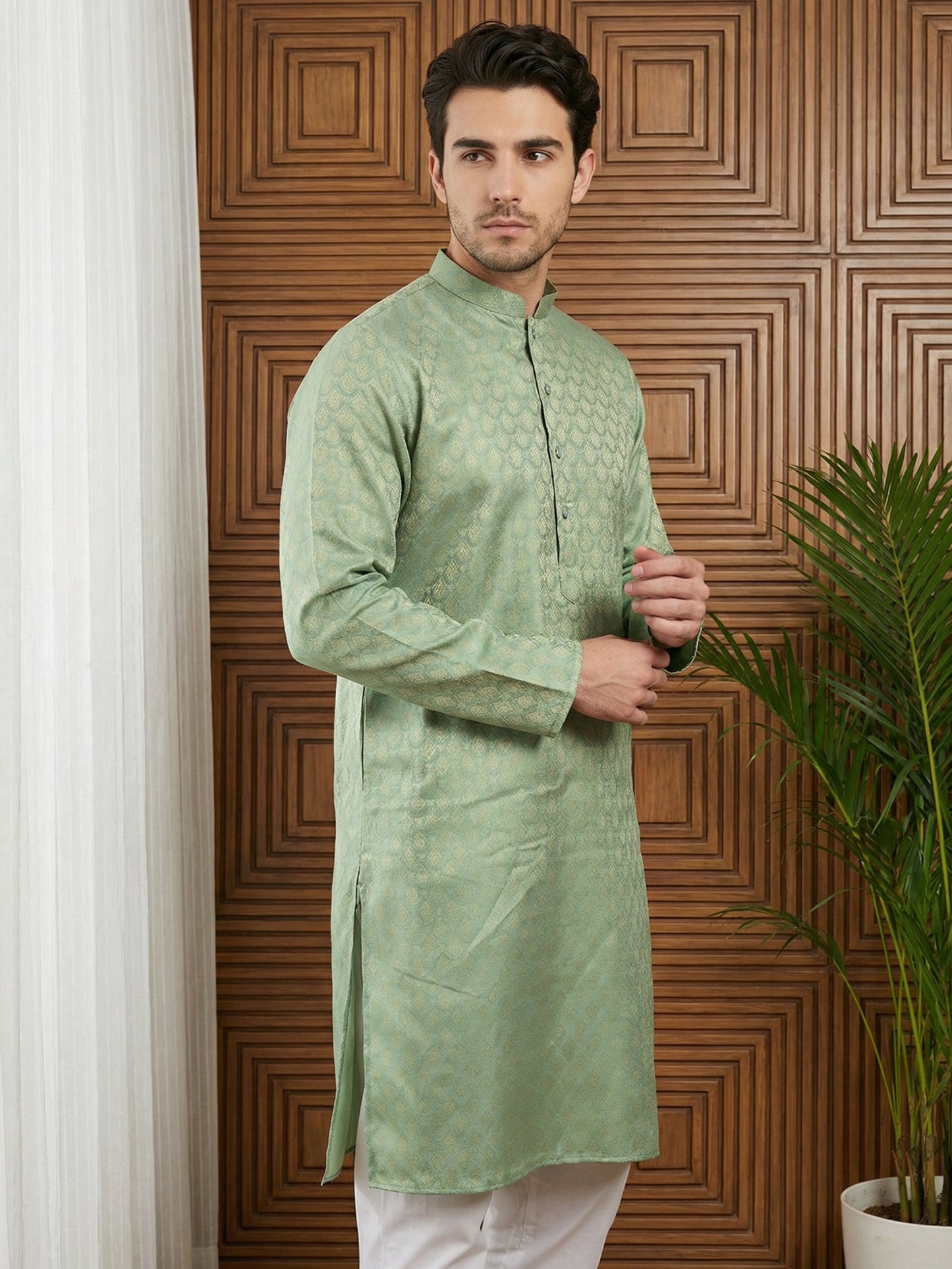 Woven Design Cotton Jacquard Kurta ( 65KO 5521Green ) [FF] [P-10]