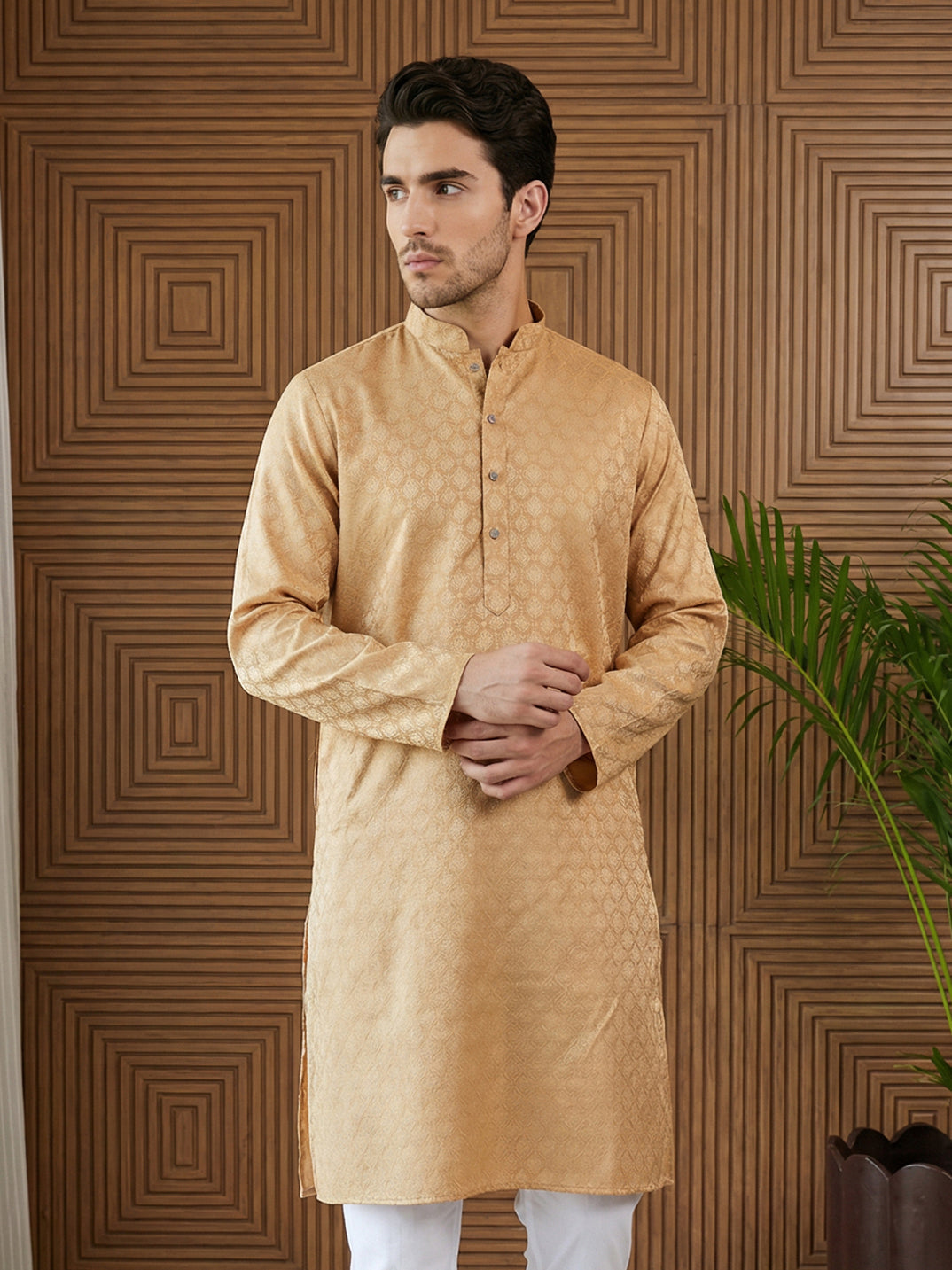 Woven Design Cotton Jacquard Kurta ( 65KO 5521Orange ) [FF] [P-10]
