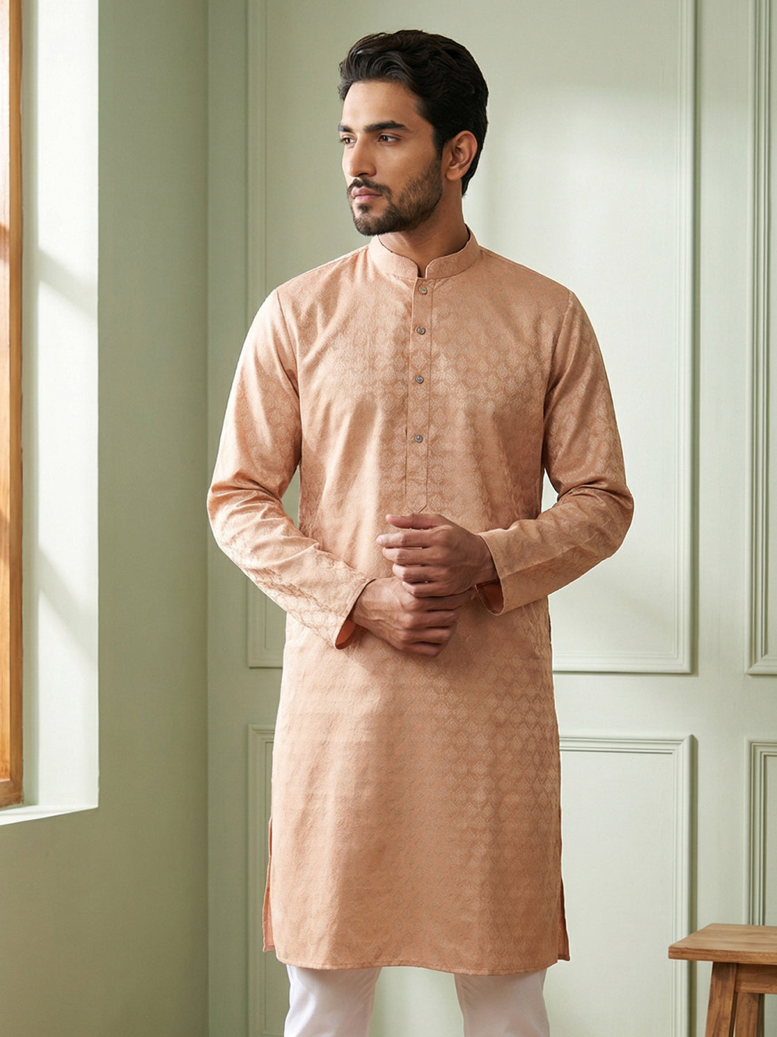 Woven Design Cotton Jacquard Kurta ( 65KO 5521Peach ) [FF] [P-10]