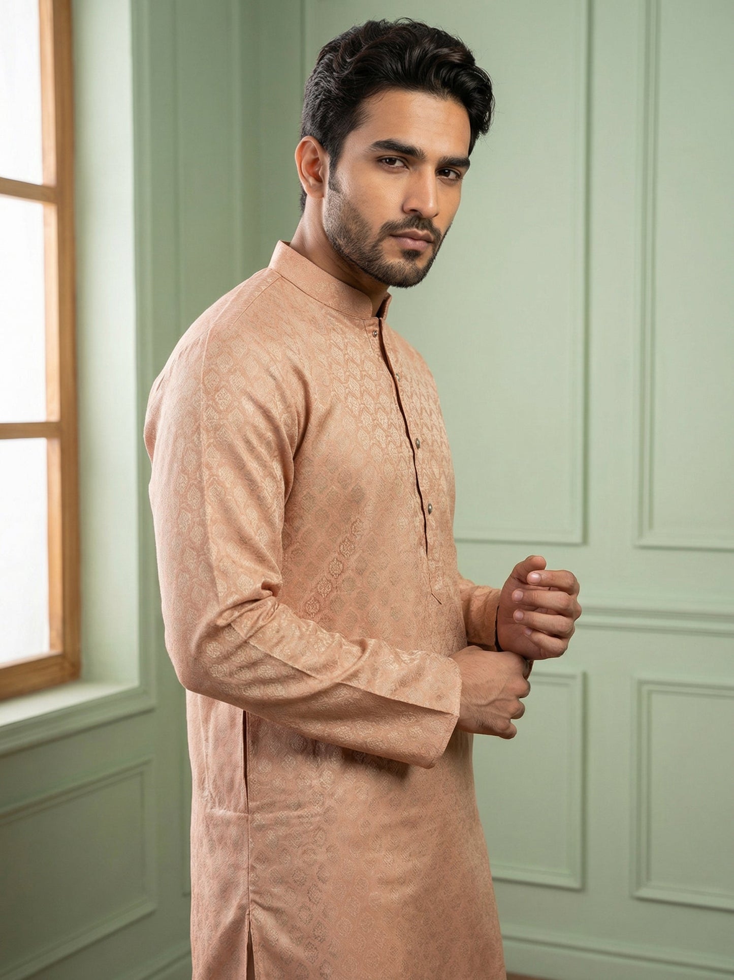 Woven Design Cotton Jacquard Kurta ( 65KO 5521Peach ) [FF] [P-10]