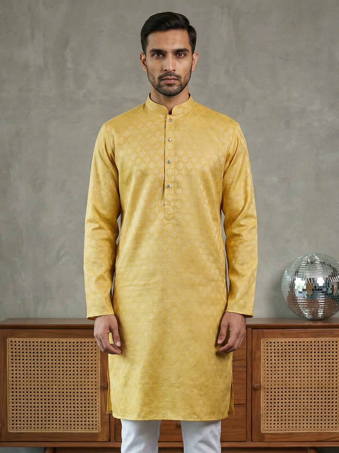 Woven Design Cotton Jacquard Kurta ( 65KO 5521Yellow ) [FF] [P-10]