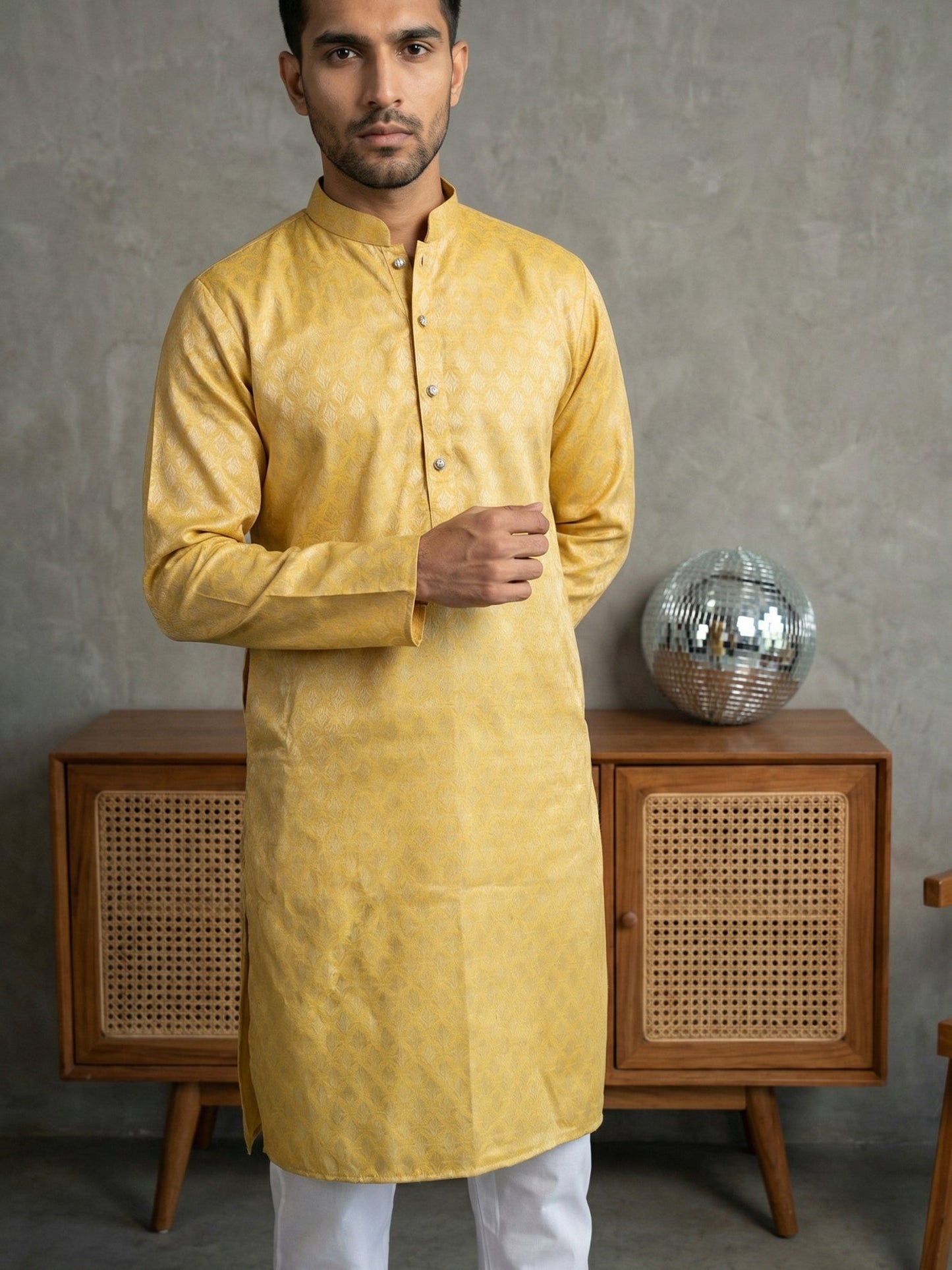 Woven Design Cotton Jacquard Kurta ( 65KO 5521Yellow ) [FF] [P-10]
