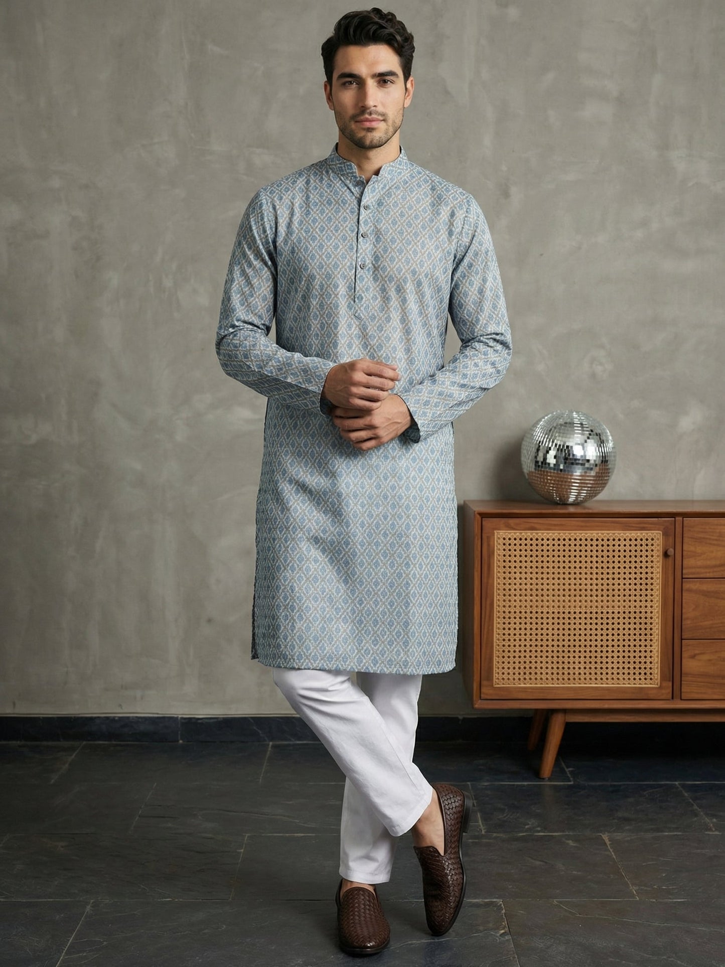 Foil Printed Cotton Blend Kurta ( 65KO 5523Blue ) [FF] [A-14]