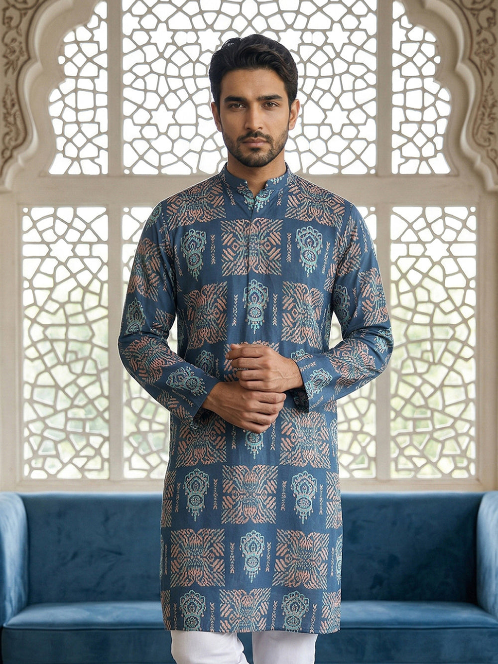Abstract Floral Printed Kurta ( 65KO 5524Blue )